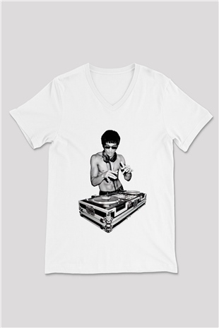 Bruce Lee Beyaz Unisex V Yaka Tişört T-Shirt