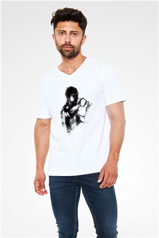 Bruce Lee Beyaz Unisex V Yaka Tişört T-Shirt