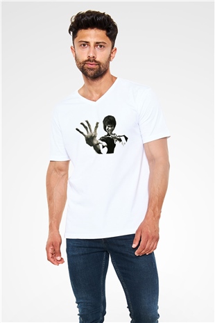 Bruce Lee Beyaz Unisex V Yaka Tişört T-Shirt