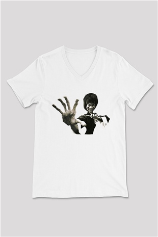 Bruce Lee Beyaz Unisex V Yaka Tişört T-Shirt