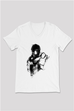 Bruce Lee Beyaz Unisex V Yaka Tişört T-Shirt