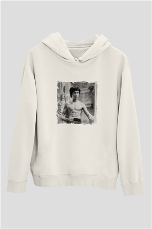 Bruce Lee Unisex Baskılı Beyaz Kapüşonlu Sweatshirt