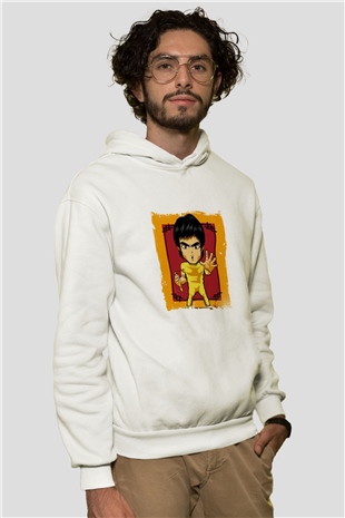 Bruce Lee Unisex Baskılı Beyaz Kapüşonlu Sweatshirt