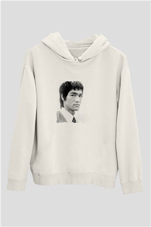 Bruce Lee Unisex Baskılı Beyaz Kapüşonlu Sweatshirt