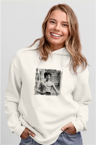 Bruce Lee Unisex Baskılı Beyaz Kapüşonlu Sweatshirt