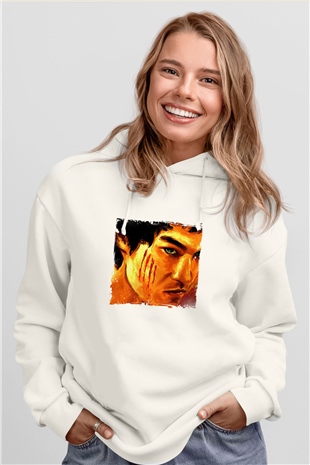 Bruce Lee Unisex Baskılı Beyaz Kapüşonlu Sweatshirt