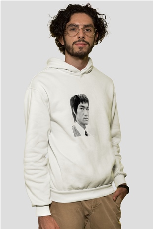 Bruce Lee Unisex Baskılı Beyaz Kapüşonlu Sweatshirt