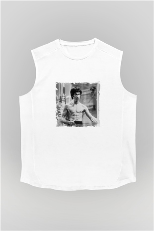 Bruce Lee Unisex Baskılı Beyaz Kolsuz Tişört