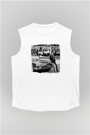 Bruce Springsteen Baskılı Unisex Beyaz Kolsuz Tişört