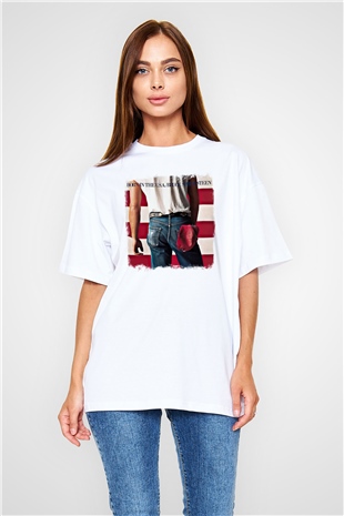 Bruce Springsteen Baskılı Unisex Beyaz Oversize Tişört
