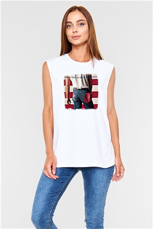 Bruce Springsteen Baskılı Unisex Beyaz Kolsuz Tişört
