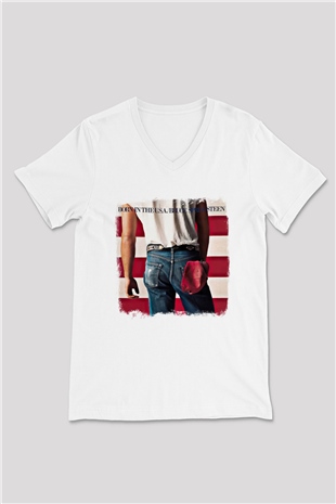 Bruce Springsteen Baskılı Unisex Beyaz V Yaka Tişört