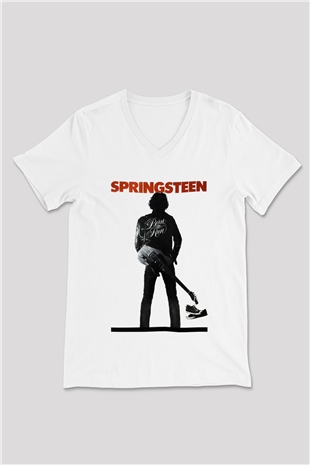 Bruce Springsteen Beyaz Unisex V Yaka Tişört