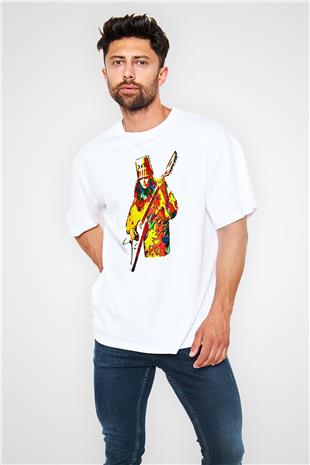 Buckethead Baskılı Beyaz Unisex Oversize Tişört - Tshirt