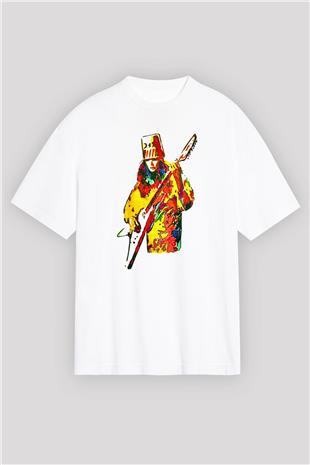 Buckethead Baskılı Beyaz Unisex Oversize Tişört - Tshirt