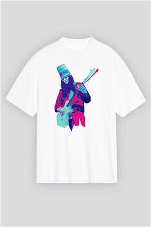 Buckethead Baskılı Beyaz Unisex Oversize Tişört - Tshirt