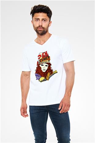 Buckethead Baskılı Beyaz Unisex V Yaka Tişört - Tshirt