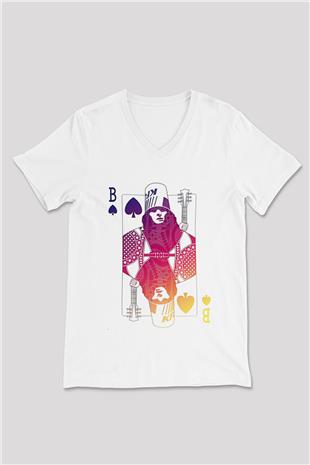 Buckethead Baskılı Beyaz Unisex V Yaka Tişört - Tshirt
