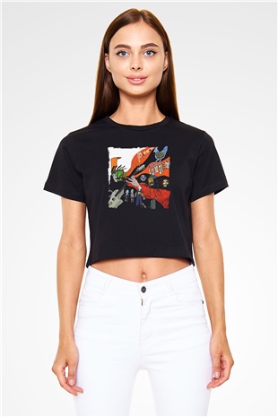 Buckethead Baskılı Siyah Crop Top Kadın Tişört - Tshirt