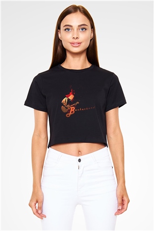 Buckethead Baskılı Siyah Crop Top Kadın Tişört - Tshirt