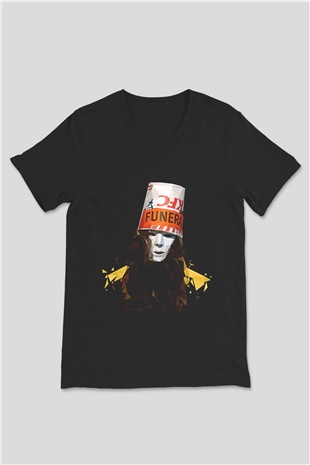 Buckethead Baskılı Unisex Siyah V Yaka Tişört - Tshirt