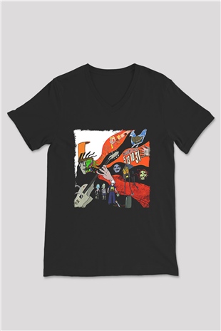 Buckethead Baskılı Unisex Siyah V Yaka Tişört - Tshirt
