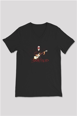 Buckethead Baskılı Unisex Siyah V Yaka Tişört - Tshirt