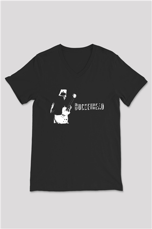 Buckethead Baskılı Unisex Siyah V Yaka Tişört - Tshirt