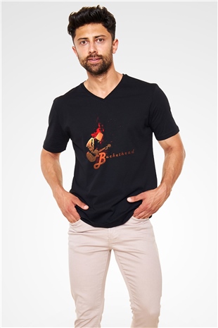 Buckethead Baskılı Unisex Siyah V Yaka Tişört - Tshirt