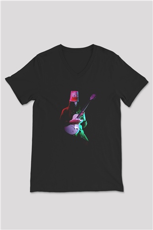 Buckethead Baskılı Unisex Siyah V Yaka Tişört - Tshirt