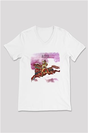 Budgie Baskılı Unisex Beyaz V Yaka Tişört