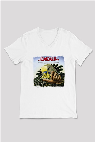 Budgie Baskılı Unisex Beyaz V Yaka Tişört