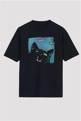 Budgie Baskılı Unisex Siyah Oversize Tişört