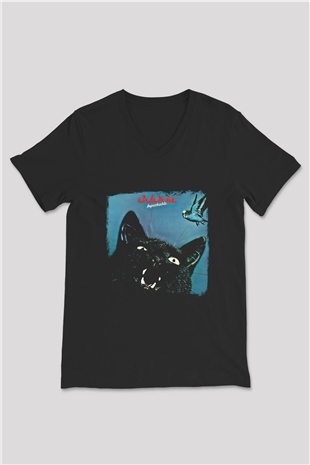 Budgie Baskılı Unisex Siyah V Yaka Tişört