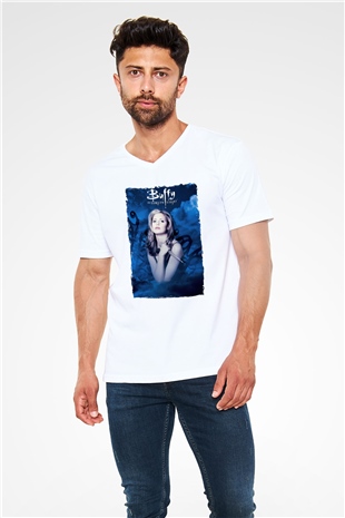 Buffy the Vampire Slayer Beyaz Unisex V Yaka Tişört