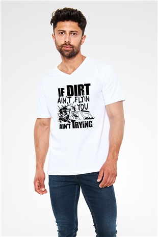 Buldozer operatörü Beyaz Unisex V Yaka Tişört