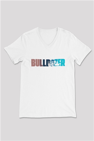 Buldozer operatörü Beyaz Unisex V Yaka Tişört
