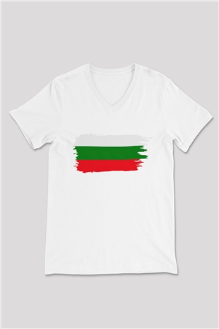Bulgaristan Beyaz Unisex V Yaka Tişört T-Shirt