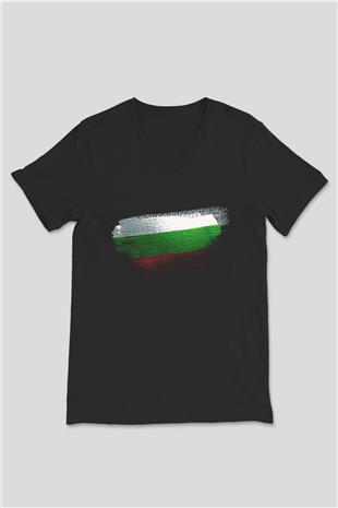 Bulgaristan - Bulgaria Bayrağı Baskılı Unisex Siyah V Yaka Tişört