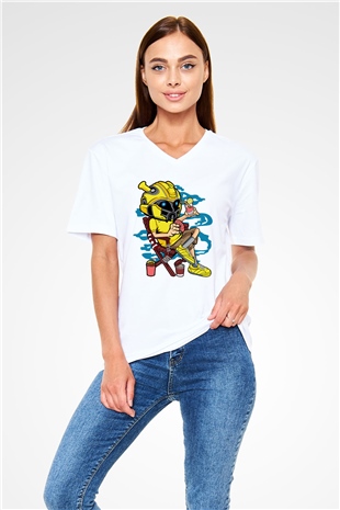 Bumble Bee Holiday Baskılı Unisex Beyaz V Yaka Tişört