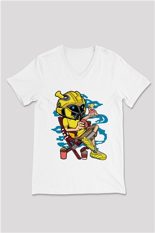 Bumble Bee Holiday Baskılı Unisex Beyaz V Yaka Tişört