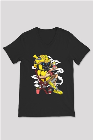 Bumble Bee Holiday Baskılı Unisex Siyah V Yaka Tişört