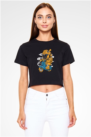 Bumble Bee Scooter Baskılı Siyah Kadın Crop Top Tişört
