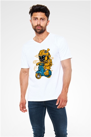 Bumble Bee Scooter Baskılı Unisex Beyaz V Yaka Tişört