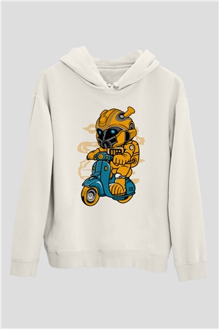 Bumble Bee Scooter Baskılı Unisex Beyaz Hoodie