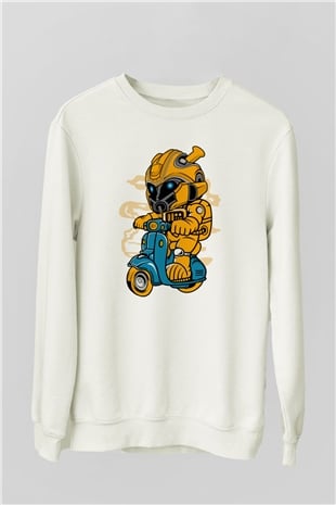 Bumble Bee Scooter Baskılı Unisex Beyaz Sweatshirt