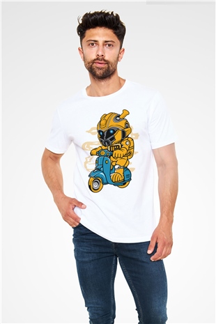 Bumble Bee Scooter Baskılı Unisex Beyaz Tişört