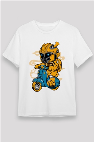 Bumble Bee Scooter Baskılı Unisex Beyaz Tişört