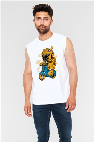 Bumble Bee Scooter Baskılı Unisex Beyaz Kolsuz Tişört