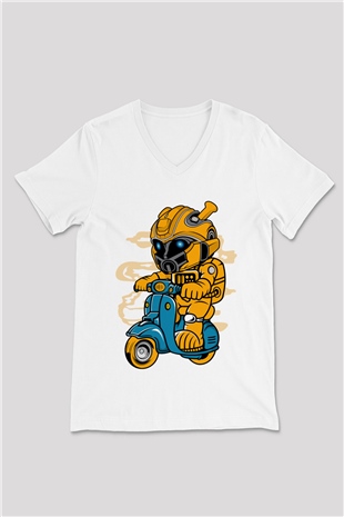 Bumble Bee Scooter Baskılı Unisex Beyaz V Yaka Tişört